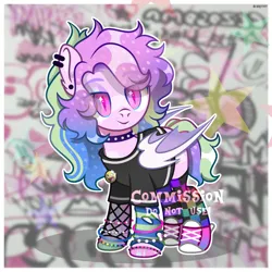 Size: 5000x5000 | Tagged: safe, artist:scarffist, derpibooru import, oc, unofficial characters only, bat pony, pony, base used, bat ears, bat pony oc, bat wings, bracelet, choker, clothes, colored wings, ear piercing, emo, eyeshadow, fangs, image, jewelry, long hair, long mane, makeup, multicolored hair, multicolored mane, multicolored tail, multicolored wings, piercing, pin, pink eyes, png, shirt, shoes, short tail, smiling, sneakers, socks, solo, standing, stockings, t-shirt, tail, teeth, thigh highs, wings