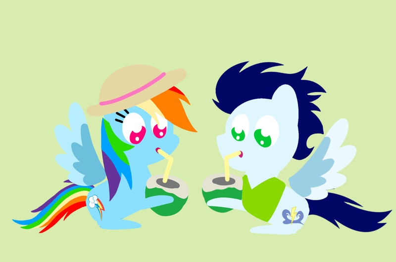 Size: 1935x1285 | Tagged: safe, anonymous artist, derpibooru import, rainbow dash, soarin', pegasus, pony, series:soarindash honeymoon, series:soarindash romantic tales, g4, clothes, coconut, coconut water, derpibooru exclusive, drink, female, food, hat, image, male, mare, png, pointy ponies, shipping, sitting, soarindash, stallion, straight