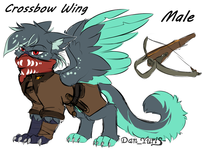 Size: 2641x2030 | Tagged: safe, alternate version, artist:yuris, derpibooru import, oc, oc:crossbow wing, unofficial characters only, gryphon, bounty hunter, clothes, coat, crossbow, floppy ears, griffon oc, handkerchief, headhunter, hunter, image, male, png, simple background, sketch, solo, weapon, white background