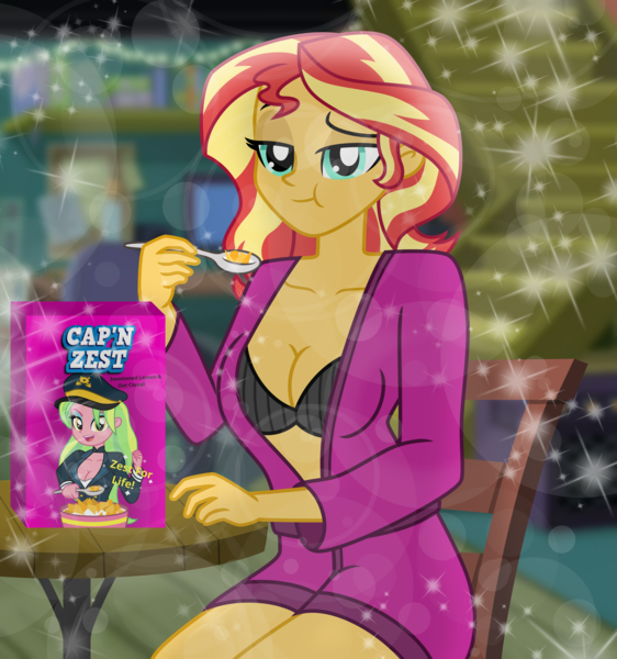 Size: 5844x6240 | Tagged: safe, artist:emeraldblast63, derpibooru import, lemon zest, sunset shimmer, equestria girls, g4, bathrobe, bra, breasts, busty sunset shimmer, cereal, cereal box, cleavage, clothes, eating, food, image, looking at you, png, robe, sitting, sparkles, spoon, underwear