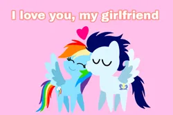 Size: 1935x1285 | Tagged: safe, anonymous artist, derpibooru import, rainbow dash, soarin', pegasus, pony, series:soarindash relationship, series:soarindash romantic tales, g4, derpibooru exclusive, eyes closed, female, i love you, image, kiss on the cheek, kissing, male, mare, png, pointy ponies, shipping, smiling, soarindash, stallion, straight