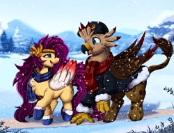 Size: 3469x2655 | Tagged: safe, artist:pridark, derpibooru import, oc, unofficial characters only, gryphon, pegasus, pony, duo, griffon oc, image, not pipp petals, pegasus oc, png, snow, walking, wings