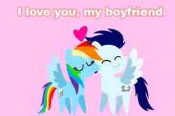 Size: 1935x1285 | Tagged: safe, anonymous artist, derpibooru import, rainbow dash, soarin', pegasus, pony, series:soarindash relationship, series:soarindash romantic tales, g4, derpibooru exclusive, eyes closed, female, image, kiss on the cheek, kissing, male, mare, png, pointy ponies, shipping, smiling, soarindash, stallion, straight