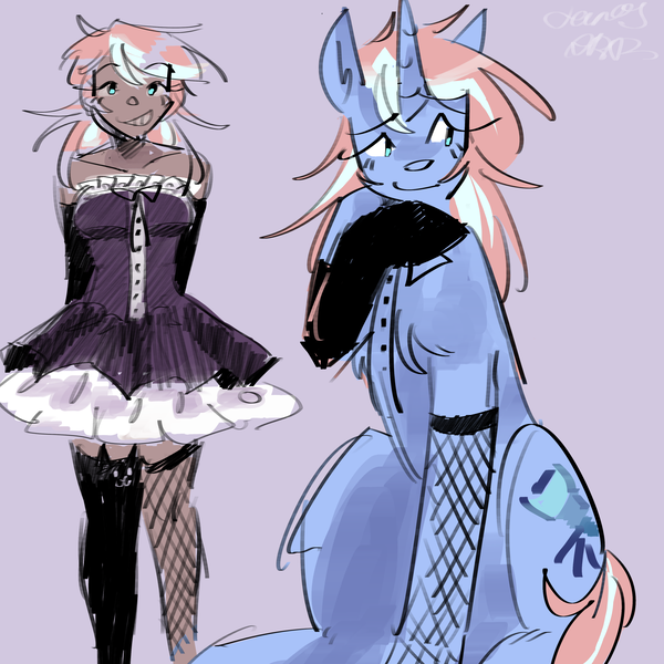 Size: 2048x2048 | Tagged: safe, artist:dmitrymemovznok, derpibooru import, oc, oc:laura (junosartz), unofficial characters only, human, pony, unicorn, g4, clothes, dark skin, dress, fishnet clothing, fishnets, horn, humanized, humanized oc, image, png, simple background, socks, solo, stockings, thigh highs, unicorn oc