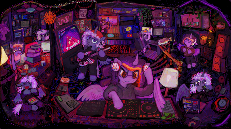 Size: 4690x2637 | Tagged: safe, artist:vemrill, derpibooru import, oc, oc:dubstep growl, oc:top five videos, unofficial characters only, alicorn, pony, g4, album cover, alicorn oc, backwards ballcap, baseball cap, bipedal, cap, computer, duo, ear piercing, gay pride flag, glasses, hat, headphones, horn, image, lesbian pride flag, love & ponystep, nonbinary pride flag, piercing, png, pride, pride flag, transgender pride flag, vylet pony, wings