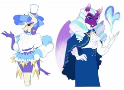 Size: 1317x954 | Tagged: safe, artist:aztrial, derpibooru import, sapphire shores, alicorn, anthro, earth pony, g4, g5, clothes, coat, dress, duo, duo female, evening gloves, eyeshadow, fashion, female, fire magic, gloves, grin, hat, image, jpeg, long gloves, magic, makeup, opaline arcana, open mouth, simple background, skirt, smiling, top hat, white background