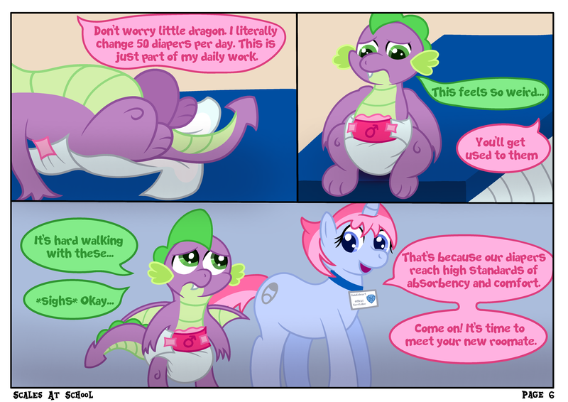 Size: 4960x3508 | Tagged: questionable, artist:sweetielover, derpibooru import, spike, oc, dragon, pony, unicorn, comic:scales at school, g4, comic, dialogue, diaper, diaper change, diaper fetish, duo, female, fetish, high res, horn, image, logo, male, pink diaper, png, school, webcomic, worried