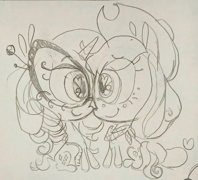 Size: 757x688 | Tagged: safe, artist:regenko, derpibooru import, applejack, rarity, earth pony, pony, unicorn, g4, applejack's hat, cowboy hat, duo, female, glasses, hat, horn, image, jpeg, lesbian, rarijack, shipping, traditional art