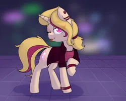 Size: 1280x1029 | Tagged: safe, artist:lockheart, derpibooru import, oc, oc:melody bash, unofficial characters only, earth pony, pony, unicorn, bracelet, clothes, ear piercing, earth pony oc, female, gift art, horn, image, jacket, jewelry, looking at you, mare, one eye closed, piercing, png, raised hoof, shirt, smiling, solo, tail, tongue out, unicorn oc, wink, winking at you