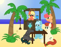 Size: 1280x983 | Tagged: safe, artist:plone, derpibooru import, oc, oc:bahama nectar, oc:penny inkwell, oc:plonepone, oc:wafflecakes, oc:winter gear, unofficial characters only, earth pony, pegasus, pony, 3d, beach, blender, blush lines, blushing, earth pony oc, female, folded wings, hiding, image, mare, open mouth, open smile, outdoors, palm tree, pegasus oc, png, sitting, smiling, stall, tail, tree, wavy mouth, wings