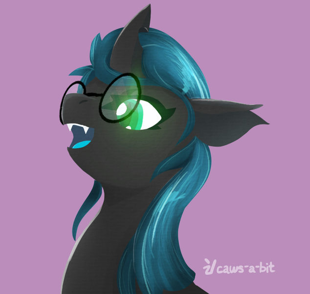 Size: 774x732 | Tagged: safe, artist:capital-asterisk, derpibooru import, changeling queen oc, oc, unofficial characters only, changeling, changeling queen, blue mouth, bust, changeling oc, evil grin, fangs, female, glasses, green eyes, grin, image, pink background, png, portrait, round glasses, signature, simple background, slit pupils, smiling, solo