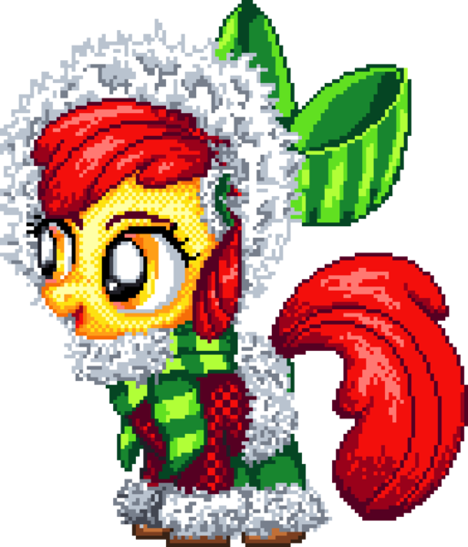 Size: 992x1160 | Tagged: safe, artist:cheshiretwilight, artist:epicvon, derpibooru import, apple bloom, earth pony, pony, g4, christmas, clothes, digital art, earmuffs, female, filly, foal, holiday, hood, image, manepxls, open mouth, pixel art, png, pxls.space, scarf, simple background, solo, striped scarf, transparent background, winter outfit