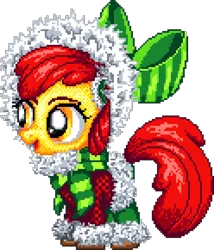 Size: 992x1160 | Tagged: safe, artist:cheshiretwilight, artist:epicvon, derpibooru import, apple bloom, earth pony, pony, g4, christmas, clothes, digital art, earmuffs, female, filly, foal, holiday, hood, image, manepxls, open mouth, pixel art, png, pxls.space, scarf, simple background, solo, striped scarf, transparent background, winter outfit