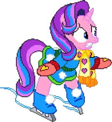 Size: 980x1064 | Tagged: safe, artist:epicvon, derpibooru import, starlight glimmer, pony, unicorn, g4, clothes, digital art, female, horn, ice skates, ice skating, image, manepxls, mare, mittens, pixel art, png, pxls.space, scarf, simple background, skates, skating, solo, transparent background, worried