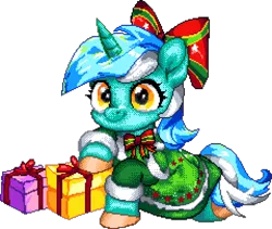 Size: 960x812 | Tagged: safe, artist:epicvon, derpibooru import, pony, unicorn, g4, bow, christmas, clothes, digital art, female, hair bow, holiday, horn, image, looking at you, lying down, manepxls, mare, pixel art, png, present, pxls.space, simple background, smiling, solo, transparent background