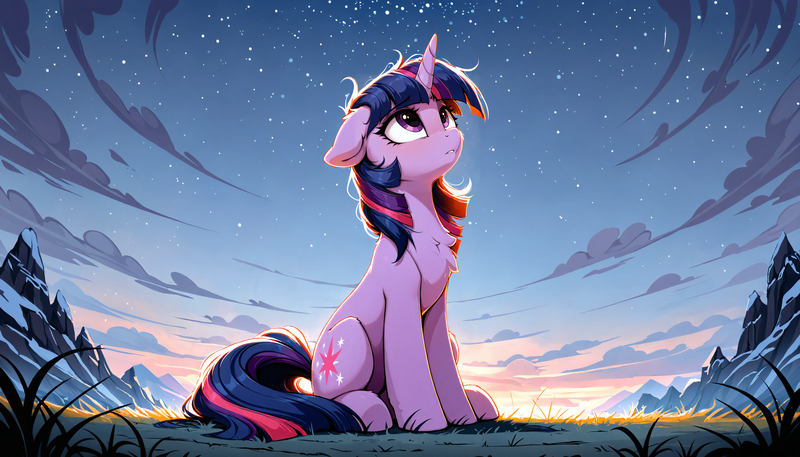 Size: 2688x1536 | Tagged: safe, ai content, editor:marestare, generator:zoinksnoob, machine learning generated, prompter:marestare, stable diffusion, twilight sparkle, pony, unicorn, g4, 16:9, blushing, chest fluff, cloud, cute, dawn, ears, female, field, floppy ears, full body, grass, hooves, hooves together, horn, image, lighting, lights, looking up, mare, mountain, nature, outdoors, png, relaxing, scenery, shading, sitting, sitting on grass, sky, sky background, snow, snowy mountain, solo, stars, tail, teeth, unicorn twilight