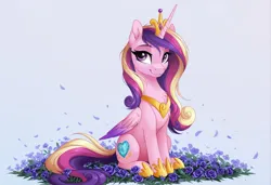 Size: 2104x1440 | Tagged: safe, ai content, generator:zoinksnoob, machine learning generated, princess cadance, alicorn, pony, g4, ear fluff, female, flower, folded wings, image, jpeg, looking at you, looking sideways, mare, prompter:siber, simple background, sitting, smiling at you, solo, white background, wings