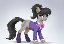 Size: 2104x1440 | Tagged: safe, ai content, generator:zoinksnoob, machine learning generated, octavia melody, earth pony, pony, g4, alternate hairstyle, bow, bowtie, clothes, ear fluff, eyebrows visible through hair, female, hair bow, hooves, image, jacket, jpeg, looking sideways, mare, ponytail, prompter:siber, simple background, socks, solo, standing, white background