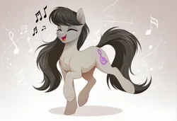 Size: 2104x1440 | Tagged: safe, ai content, generator:zoinksnoob, machine learning generated, octavia melody, earth pony, pony, g4, chest fluff, dancing, eyebrows visible through hair, eyes closed, female, gradient background, happy, hooves, image, jpeg, mare, music notes, open mouth, open smile, prompter:siber, smiling, solo