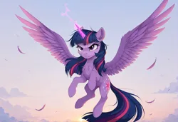 Size: 2104x1440 | Tagged: safe, ai content, generator:zoinksnoob, machine learning generated, twilight sparkle, alicorn, pony, g4, angry, casting a spell, chest fluff, feather, female, flying, horn, image, jpeg, magic, magic aura, mare, prompter:siber, sky, solo, wings