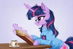 Size: 2104x1440 | Tagged: safe, ai content, generator:zoinksnoob, machine learning generated, twilight sparkle, pony, unicorn, g4, book, clothes, coffee cup, cup, ear fluff, female, glasses, horn, image, jpeg, magic, magic aura, mare, prompter:siber, reading, solo, sweater, table