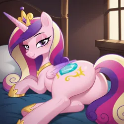 Size: 1024x1024 | Tagged: suggestive, ai content, machine learning generated, prompter:harvydraws, princess cadance, alicorn, pony, g4, bed, bedroom eyes, butt, dock, eyebrows visible through hair, female, folded wings, horn, image, jpeg, laying on bed, lidded eyes, looking at you, looking back, looking back at you, lovebutt, lying down, mare, on bed, plot, sexy, smiling, solo, solo female, stupid sexy princess cadance, window, wings