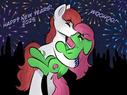 Size: 2048x1535 | Tagged: safe, artist:doodle-hooves, ponerpics import, oc, unofficial characters only, pony, eyes closed, female, image, jpeg, kissing, male, male and female, mare, new year, stallion, text