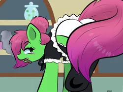 Size: 2048x1535 | Tagged: suggestive, artist:doodle-hooves, ponerpics import, oc, unofficial characters only, pony, clothes, female, image, jpeg, looking back, maid, mare, socks