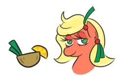 Size: 438x272 | Tagged: safe, artist:jargon scott, derpibooru import, oc, oc:bahama nectar, unofficial characters only, earth pony, pony, ask, bust, cutie mark, ear piercing, earth pony oc, female, image, lidded eyes, mare, piercing, png, portrait, simple background, smiling, solo, white background