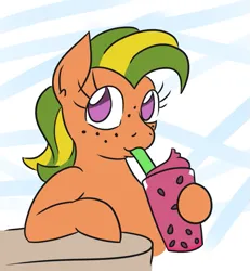 Size: 681x736 | Tagged: safe, artist:jargon scott, derpibooru import, oc, oc:papaya nectar, unofficial characters only, earth pony, pony, drink, drinking, drinking straw, earth pony oc, female, freckles, image, png, seeds, slushie, solo