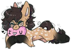 Size: 1669x1167 | Tagged: safe, artist:heart-sketch, derpibooru import, oc, oc:nixie tube, unofficial characters only, bat pony, earth pony, hybrid, wingless bat pony, biting, blushing, coat markings, dappled, fangs, female, fluffy, glasses, heart, image, lying down, pillow, pillow biting, png, prone, simple background, socks (coat marking), solo, transparent background, wingless