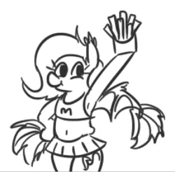 Size: 426x417 | Tagged: safe, artist:jargon scott, derpibooru import, oc, oc:panne, unofficial characters only, bat pony, pony, armpits, bat pony oc, bat wings, bipedal, cheerleader, cheerleader outfit, clothes, female, food, french fries, grayscale, hoof on hip, image, mare, monochrome, one wing out, png, pom pom, raised hoof, simple background, smiling, solo, that pony sure does love fries, white background, wings