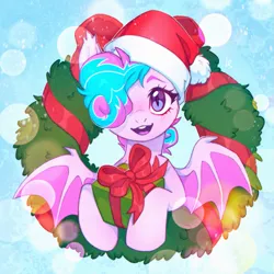 Size: 1369x1368 | Tagged: safe, artist:ls_skylight, derpibooru import, oc, oc:sweetie swirl, unofficial characters only, bat pony, pony, bat pony oc, bat wings, christmas, christmas wreath, commission, female, hair over one eye, hat, holiday, image, looking at you, mare, open mouth, open smile, png, present, santa hat, slit pupils, smiling, smiling at you, solo, spread wings, wings, wreath, ych result