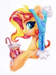 Size: 981x1300 | Tagged: safe, artist:maytee, derpibooru import, sunset shimmer, pony, unicorn, g4, bust, colored pencil drawing, drink, glögg, hat, horn, image, png, portrait, profile, smiling, traditional art