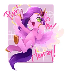 Size: 761x823 | Tagged: safe, artist:demiesop, derpibooru import, pipp petals, pegasus, pony, g5, female, image, mare, mobile phone, one eye closed, open mouth, open smile, passepartout, phone, pipp pipp hooray, pipp's phone, png, smartphone, smiling, solo, spread wings, wings