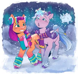 Size: 3234x3071 | Tagged: safe, artist:l211art, derpibooru import, cloudpuff, queen haven, sunny starscout, pegasus, pony, g5, aurora borealis, clothes, duo, duo female, earmuffs, feathered fetlocks, female, image, leg warmers, lesbian, multicolored hair, png, scarf, ship:sunnyhaven, shipping, smiling, snow, snowfall, snowflake, starlight ridge, unshorn fetlocks