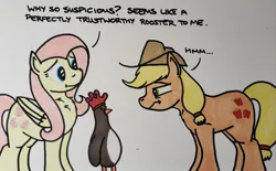 Size: 2048x1269 | Tagged: safe, artist:hoofclid, derpibooru import, applejack, fluttershy, bird, earth pony, pegasus, penguin, pony, g4, clothes, crossover, dialogue, feathers mcgraw, female, frown, gloves, image, jpeg, mare, marker drawing, narrowed eyes, rubber gloves, speech bubble, traditional art, trio, wallace and gromit