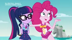 Size: 2944x1656 | Tagged: safe, artist:creativet01, derpibooru import, screencap, pinkie pie, sci-twi, twilight sparkle, equestria girls, equestria girls series, friendship math, g4, bare arms, bare shoulders, beach, best friends, clothes, duo, duo female, female, geode of sugar bombs, geode of telekinesis, glasses, grin, hand on shoulder, i could've told you that, image, jewelry, jpeg, magical geodes, my little pony equestria girls: better together, necklace, ocean, one-piece swimsuit, open mouth, open smile, pinkie pie swimsuit, ponytail, sci-twi swimsuit, sky, sleeveless, smiling, stick, swimsuit, water