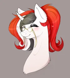 Size: 1583x1764 | Tagged: safe, derpibooru import, oc, oc:red rocket, unicorn, bust, commission, glasses, happy, heart, horn, image, makeup, png, portrait, unicorn oc, ych result