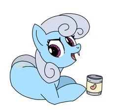 Size: 1590x1433 | Tagged: safe, artist:mandumustbasukanemen, derpibooru import, linky, shoeshine, pony, g4, can of beans, female, grin, image, looking over shoulder, lying down, mare, maretooth, png, simple background, smiling, solo, tooth, white background