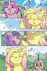 Size: 960x1440 | Tagged: safe, artist:cold-blooded-twilight translation, derpibooru import, edit, fluttershy, spike, twilight sparkle, dragon, pegasus, pony, unicorn, cold blooded twilight, comic:cold storm (ru), g4, bleeding, blood, colored eyelashes, comic, cyrillic, dialogue, eyes closed, feather, female, flower, flower in hair, horn, image, mare, nosebleed, open mouth, png, russian, shaking, smiling, speech bubble, sweat, thought bubble, translation, translator:agent00k0t, unicorn twilight, wavy mouth, wide hips