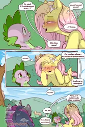 Size: 960x1440 | Tagged: safe, artist:cold-blooded-twilight, derpibooru import, edit, fluttershy, spike, twilight sparkle, dragon, pegasus, pony, unicorn, cold blooded twilight, comic:cold storm (ru), g4, blushing, bush, comic, cyrillic, dialogue, eyelashes, eyes closed, female, flower, flower in hair, horn, image, mare, open mouth, open smile, png, russian, smiling, speech bubble, sweat, thought bubble, translation, translator:agent00k0t, tree, unicorn twilight