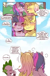 Size: 960x1440 | Tagged: safe, artist:cold-blooded-twilight, derpibooru import, edit, fluttershy, spike, twilight sparkle, dragon, pegasus, pony, unicorn, cold blooded twilight, comic:cold storm (ru), g4, blushing, cheek to cheek, comic, cyrillic, dialogue, eyes closed, fangs, female, flower, flower in hair, horn, image, laughing, mare, nuzzling, open mouth, png, russian, smiling, snickering, speech bubble, translation, translator:agent00k0t, unicorn twilight