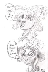 Size: 2193x3281 | Tagged: safe, artist:ciaran, derpibooru import, trixie, pony, unicorn, g4, black and white, brooch, bust, cape, clothes, female, grayscale, hat, horn, image, jewelry, mare, meme, monochrome, open mouth, open smile, pencil drawing, png, simple background, smiling, speech bubble, teeth, that's kind of hot, traditional art, trixie's brooch, trixie's cape, trixie's hat, white background