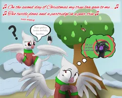 Size: 3500x2800 | Tagged: safe, artist:mightyshockwave, derpibooru import, oc, oc:galena, oc:synthesis, unofficial characters only, changeling, gryphon, changeling oc, clothes, griffon oc, image, partridge, pear tree, png, snow, sweater, tree, turtleneck, twelve days of christmas