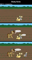 Size: 1920x3516 | Tagged: safe, artist:platinumdrop, derpibooru import, derpy hooves, oc, oc:dusty hooves, earth pony, pegasus, pony, comic:dusty acres, series:technoverse, g4, 3 panel comic, comic, commission, dialogue, female, filly, foal, image, male, png, pointing, sack, sad, seeds, speech bubble, stallion, walking, younger