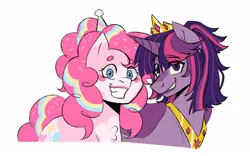 Size: 1600x1000 | Tagged: safe, artist:slapearl, derpibooru import, pinkie pie, twilight sparkle, twilight sparkle (alicorn), alicorn, earth pony, pony, g4, alternate hairstyle, chest fluff, clown, clown makeup, crown, duo, duo female, female, grin, hat, image, jewelry, jpeg, lesbian, lipstick, mare, markings, party hat, redesign, regalia, shipping, simple background, smiling, twinkie, white background