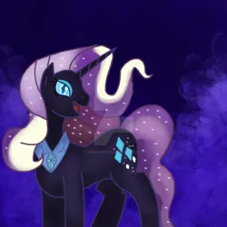 Size: 1024x1024 | Tagged: safe, artist:asinglepetal, derpibooru import, nightmare rarity, rarity, pony, unicorn, g4, amethyst background, crystal background, darkened coat, deviantart watermark, diamond pupils, eyeshadow, female, horn, image, ipad, jpeg, makeup, mare, nightmarified, obtrusive watermark, open mouth, peytral, procreate, procreate app, slit pupils, solo, starry hair, tumblr:a rarity of a nightmare, tumblr:ask nightmare rarity, watermark, white stripes