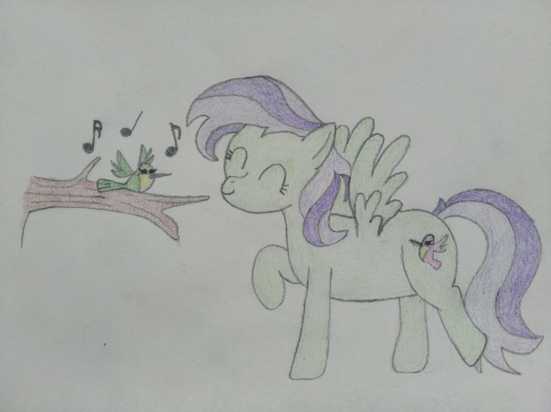 Size: 4032x3016 | Tagged: safe, artist:jakusi, derpibooru import, violet twirl, bird, hummingbird, pegasus, pony, g4, dancing, eyes closed, female, friendship student, happy, image, jpeg, mare, music notes, singing, traditional art, tree branch