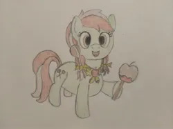 Size: 4032x3016 | Tagged: safe, artist:jakusi, derpibooru import, candy apples, g4, apple, apple family member, bow, braid, braided pigtails, candy apple (food), food, hair bow, happy, image, jpeg, looking at you, neckerchief, offering, open mouth, pigtails, traditional art